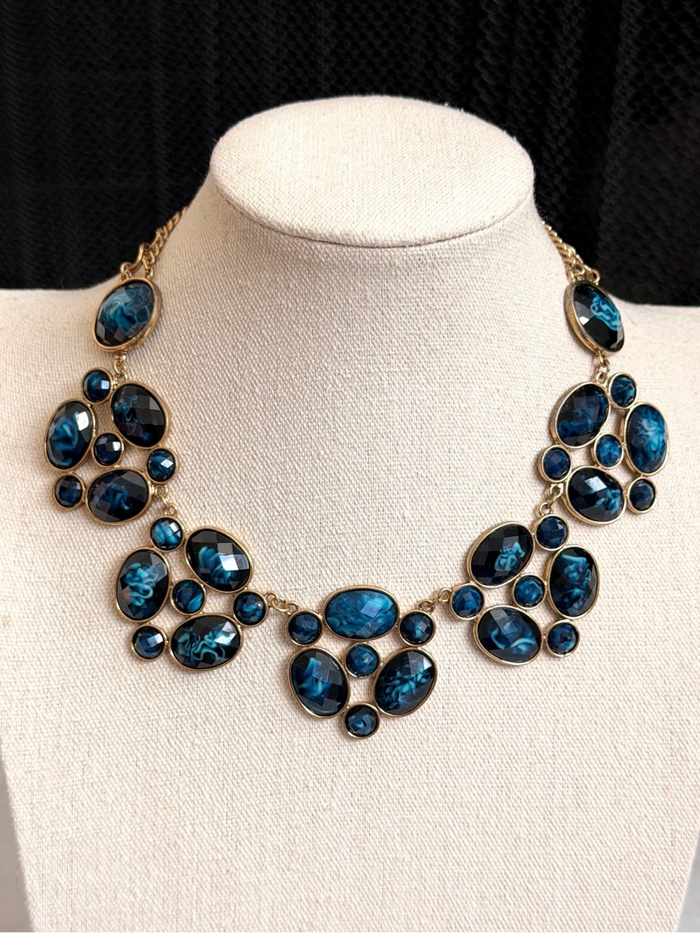 Blue Marbled Statement Necklace & Earrings Gold Tone Jewelry Set
